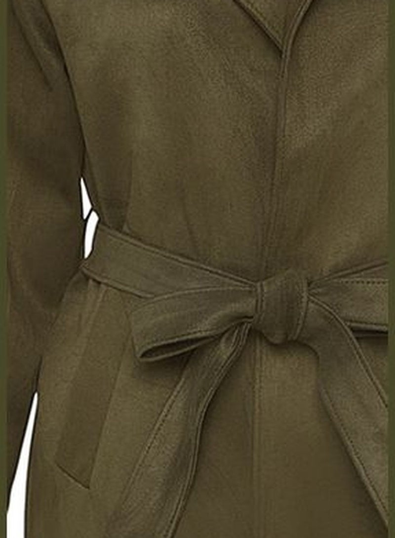 Khaki Oversize Wide-Cut Suede Long Trench Coat with Sash Detail TWOAW24TR00009