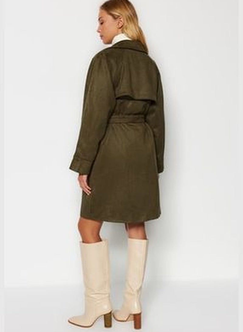 Khaki Oversize Wide-Cut Suede Long Trench Coat with Sash Detail TWOAW24TR00009