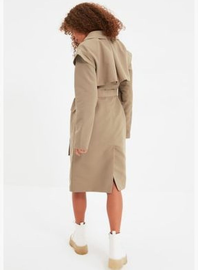 Beige Oversize Wide-Cut Belted Water-repellent Long Trench Coat TWOAW22TR0010