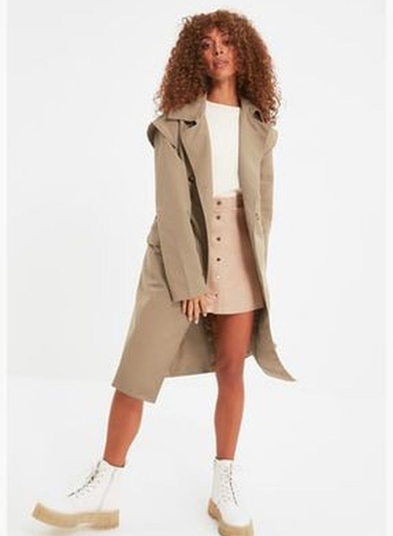 Beige Oversize Wide-Cut Belted Water-repellent Long Trench Coat TWOAW22TR0010