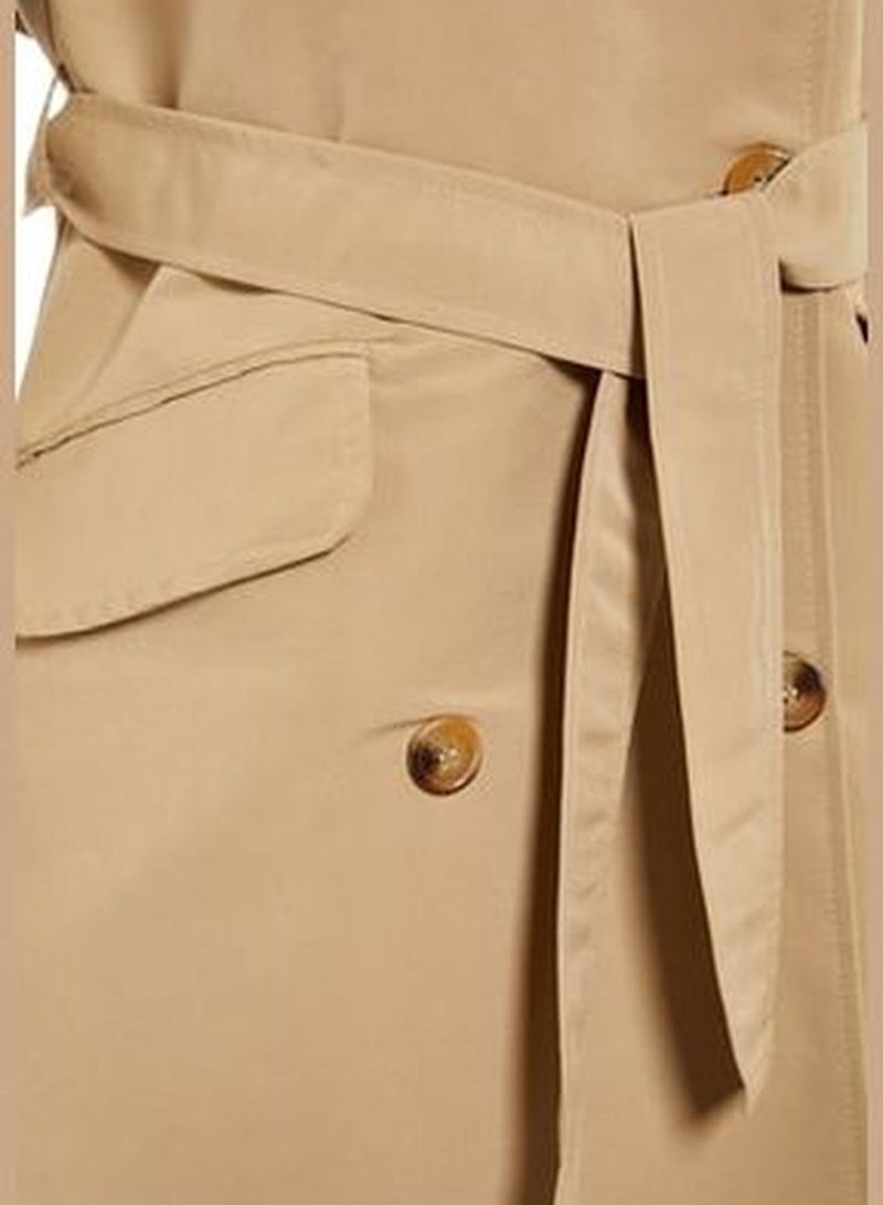 Beige Oversize Wide-Cut Belted Water-repellent Long Trench Coat TWOAW22TR0010