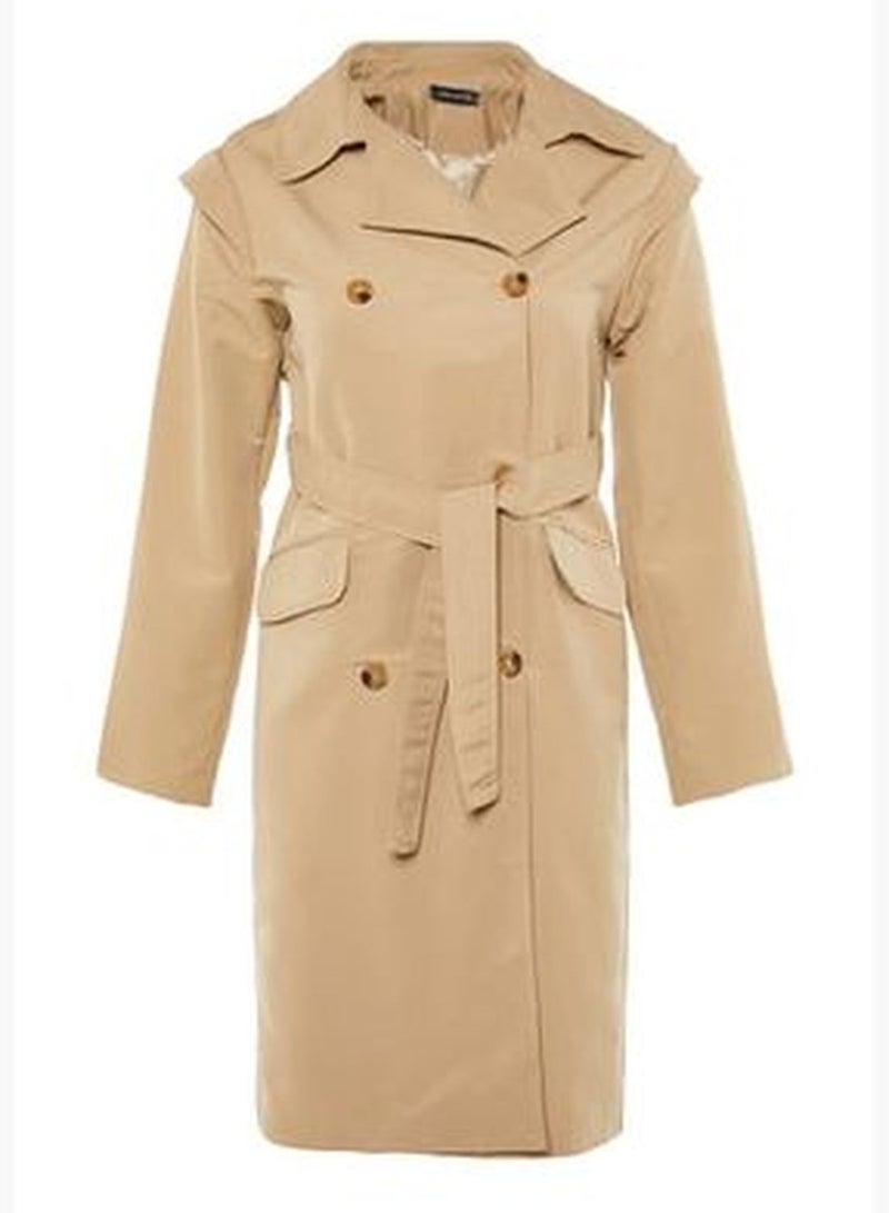 Beige Oversize Wide-Cut Belted Water-repellent Long Trench Coat TWOAW22TR0010