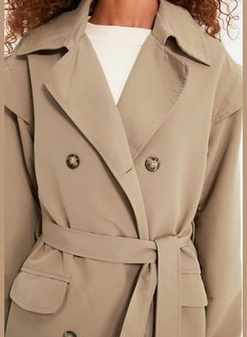 Beige Oversize Wide-Cut Belted Water-repellent Long Trench Coat TWOAW22TR0010