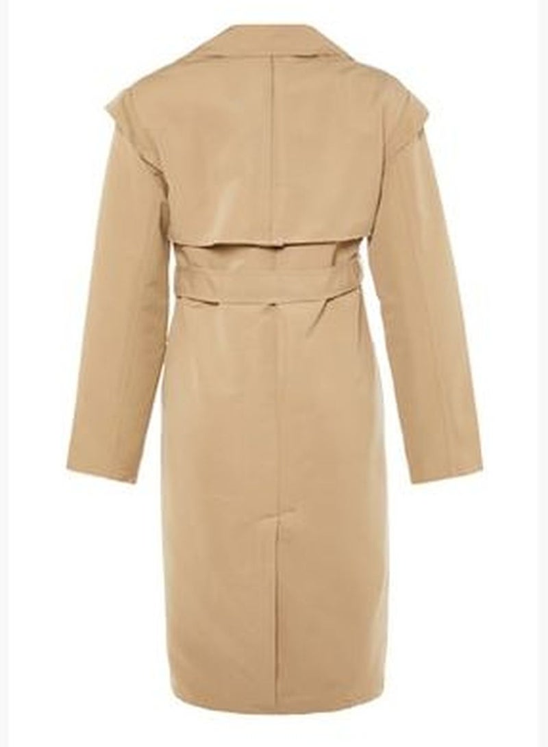 Beige Oversize Wide-Cut Belted Water-repellent Long Trench Coat TWOAW22TR0010