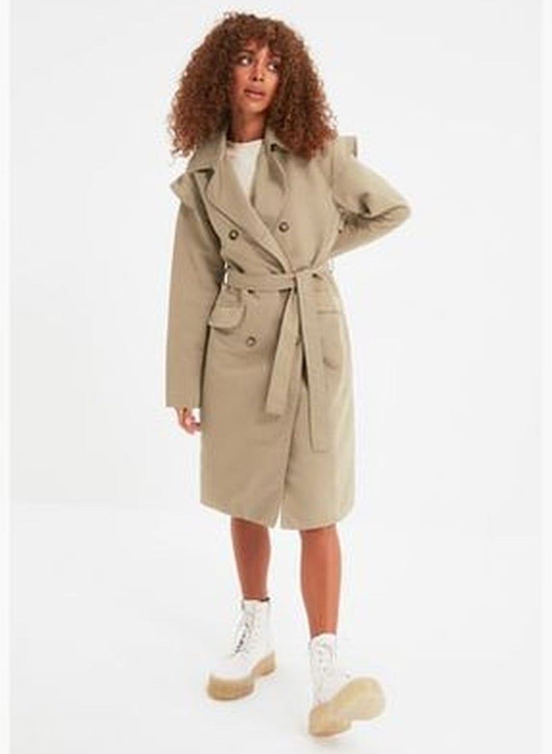 Beige Oversize Wide-Cut Belted Water-repellent Long Trench Coat TWOAW22TR0010