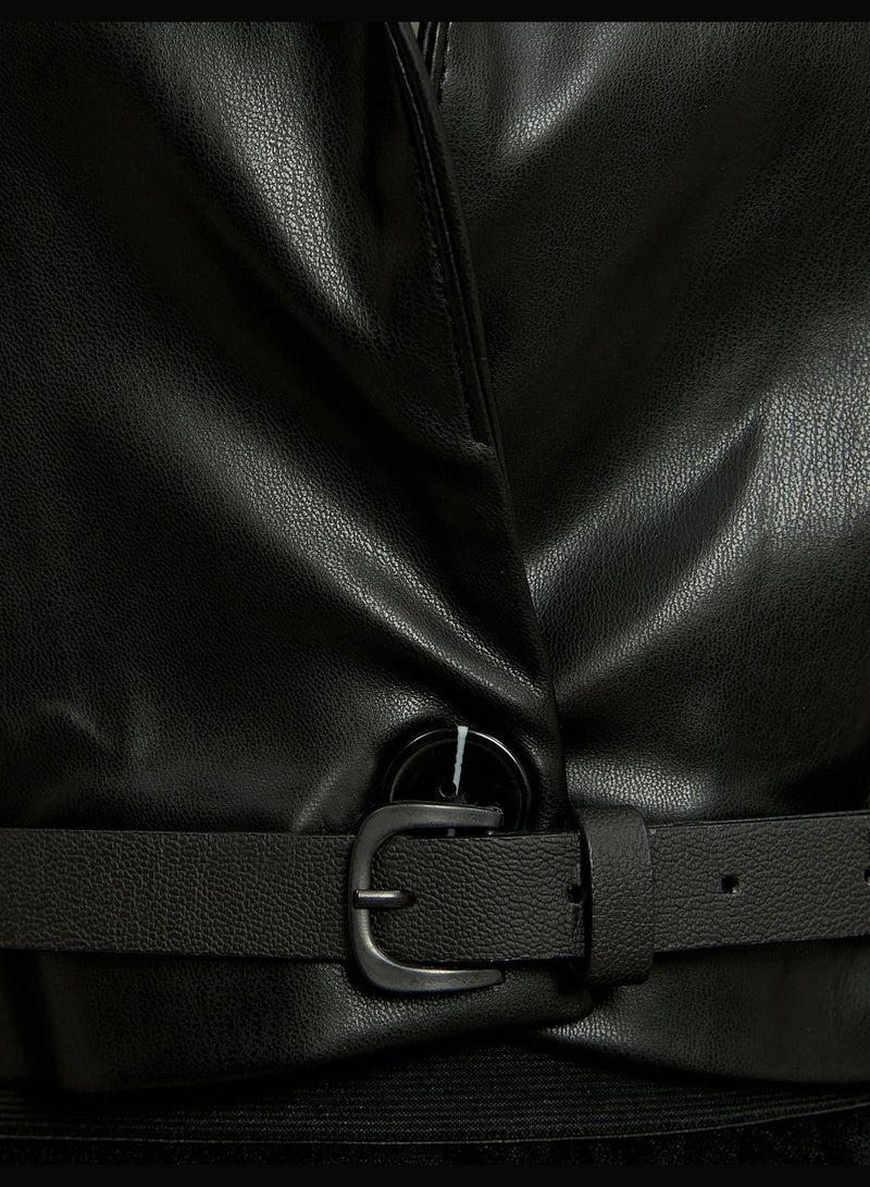 Crop Faux Leather Jacket Lapel Collar Belt Detail