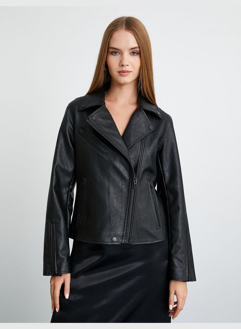 Faux Leather Zipper Biker Jacket