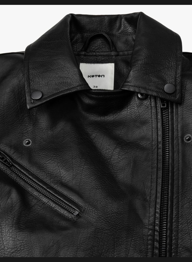 Faux Leather Zipper Biker Jacket