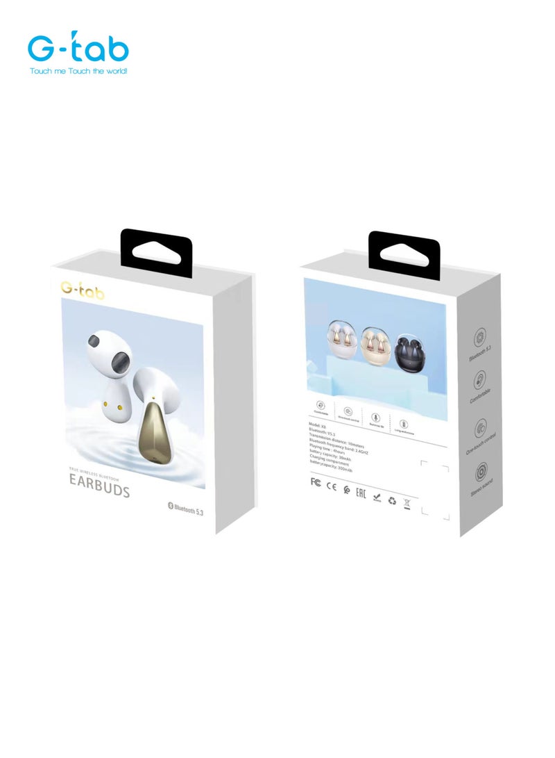 G-Tab X8 TWS/Comfortable/One Touch Control/Summon Sir Feature/Long Endurance/Bluetooth Version 5.3/Headset Battery 30mah/Case battery 300mah/4 hrs play time