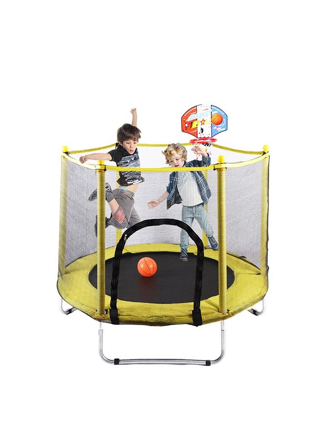 5.5feet Indoor Kids Mini Jumping Trampoline With Safety Enclosure Net And Basketball Hoop 140x140x120cm