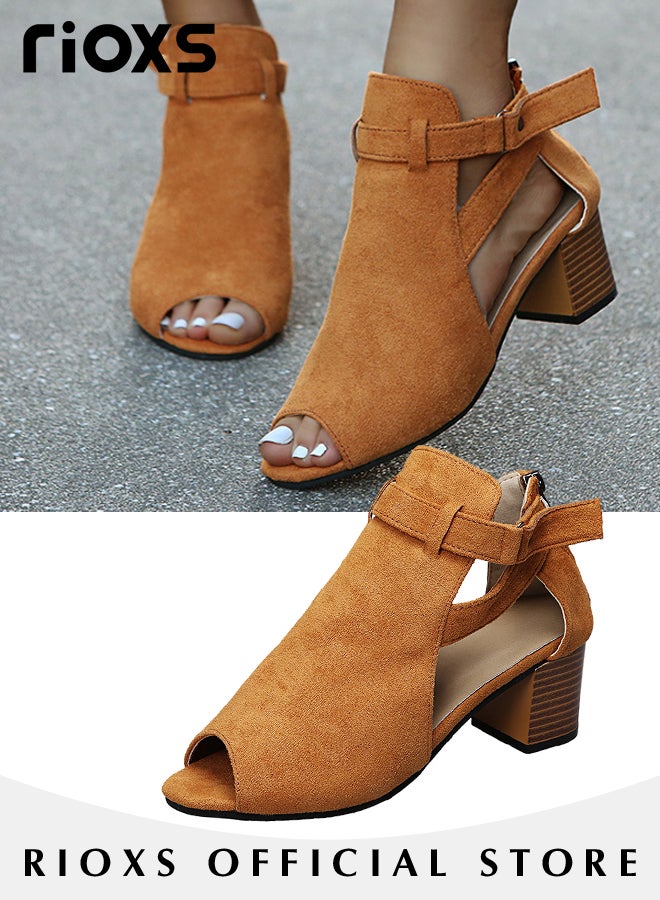 Women's Suede Chunky Heel Buckle Sandals Round Toe Peep Toe Fashion Sandals