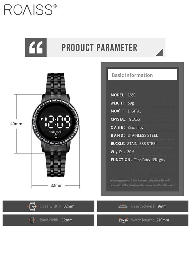 Women's Digital Touch Screen Watch Led Display Round Dial with Rhinestones Decorated Bezel Waterproof Luminous Stainless Steel Strap Wristwatch with Calendar Display, Black