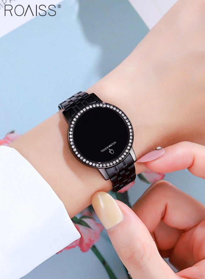 Women's Digital Touch Screen Watch Led Display Round Dial with Rhinestones Decorated Bezel Waterproof Luminous Stainless Steel Strap Wristwatch with Calendar Display, Black