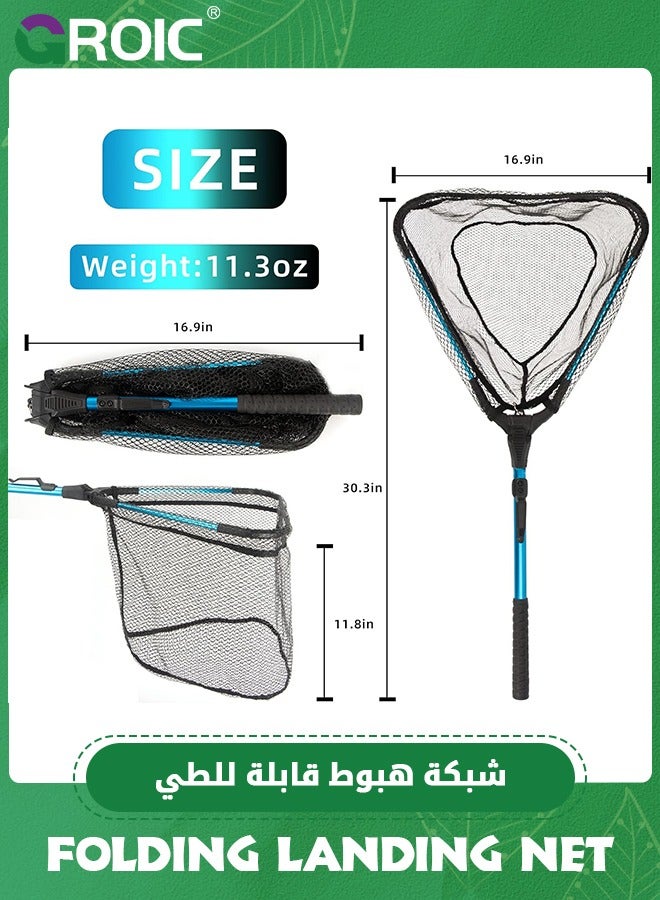 Fishing Net Folding Landing Net - Collapsible Fishing Nets with Telescopic Pole Handle, Durable Rubber Coating Knotless Mesh, Safe Fish Catching and Releasing