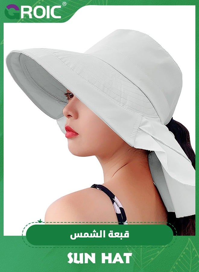 Sun Hat Women's Sun Hat UV Protection Wide Brim Ponytail Adjustable Beach Visor Fishing Hat with Neck Flap, UV Protection Fishing Hat Foldable Women Wide Brim Hat with Neck Flap