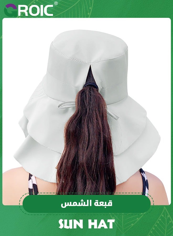 Sun Hat Women's Sun Hat UV Protection Wide Brim Ponytail Adjustable Beach Visor Fishing Hat with Neck Flap, UV Protection Fishing Hat Foldable Women Wide Brim Hat with Neck Flap