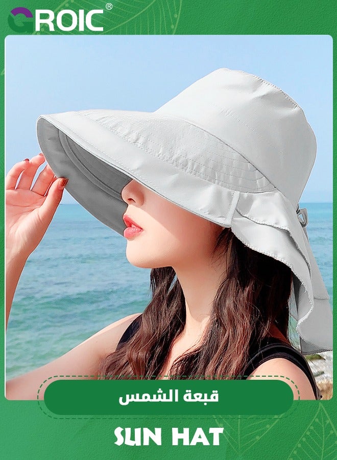 Sun Hat Women's Sun Hat UV Protection Wide Brim Ponytail Adjustable Beach Visor Fishing Hat with Neck Flap, UV Protection Fishing Hat Foldable Women Wide Brim Hat with Neck Flap