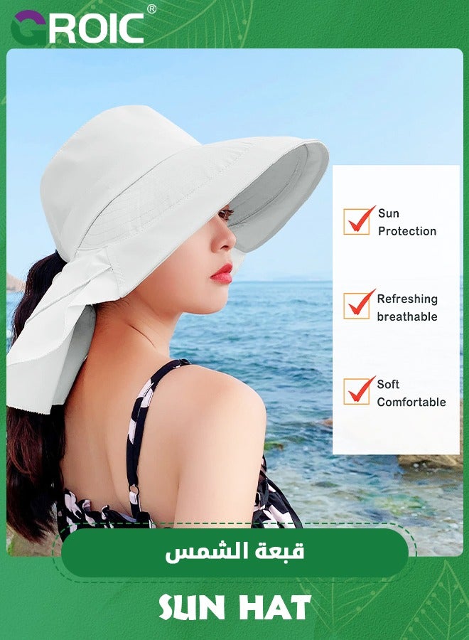 Sun Hat Women's Sun Hat UV Protection Wide Brim Ponytail Adjustable Beach Visor Fishing Hat with Neck Flap, UV Protection Fishing Hat Foldable Women Wide Brim Hat with Neck Flap