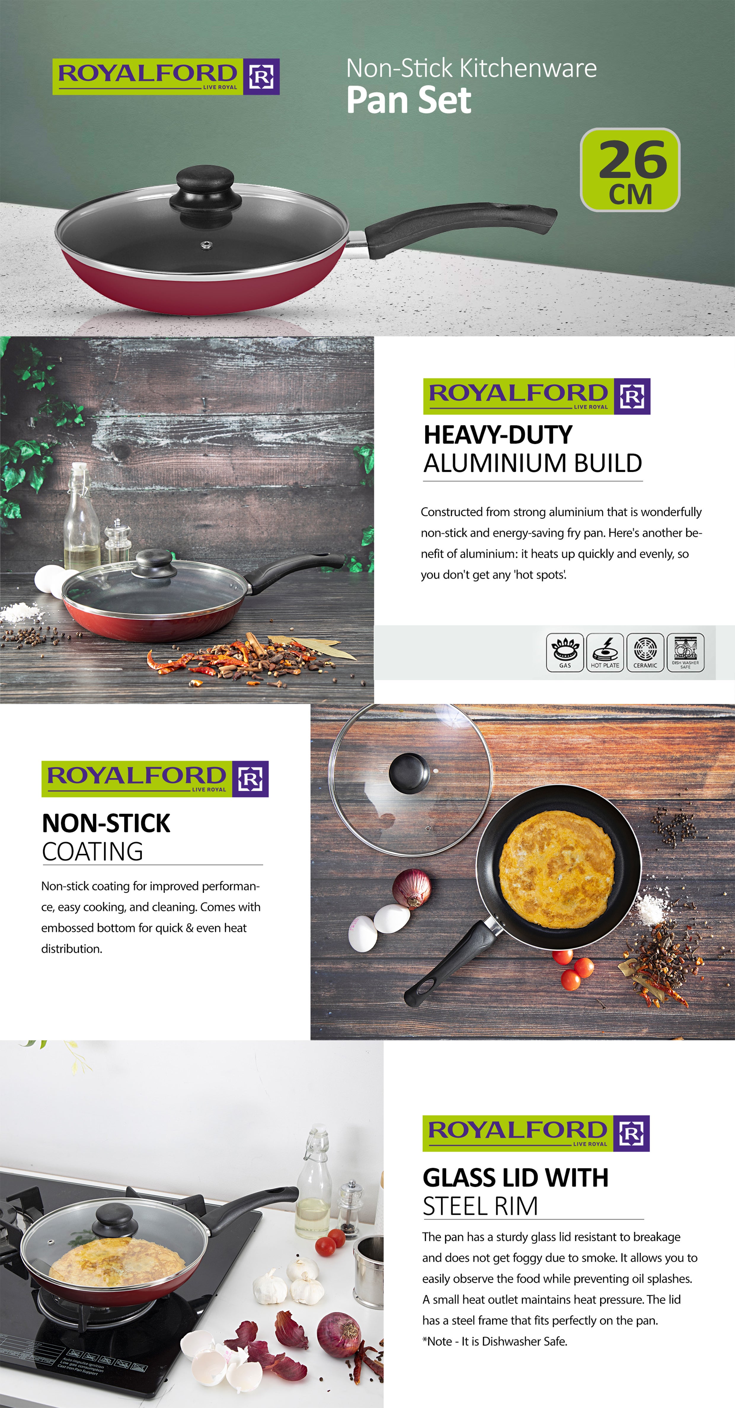 26 Cm Frypan With Glass Lid 3 Layer Non-Stick Coating Pfoa Free Lead Free Size 26*4.5Cm, Multi Color Multi Color 26 cmcm