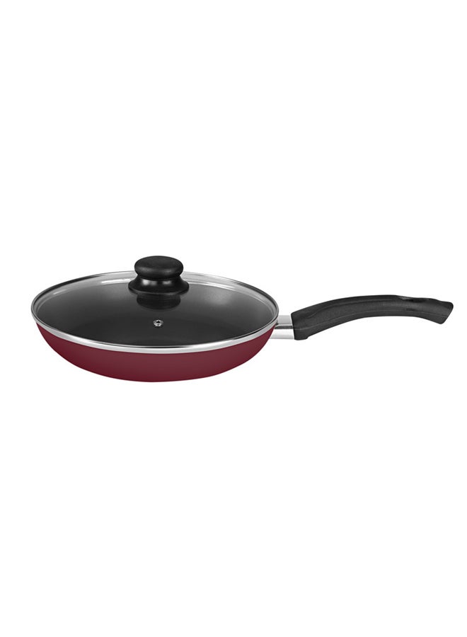 Non-Stick Fry Pan With Lid Maroon/Black Handle 26cm
