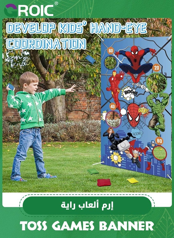 Superhero Toss Games Banner, Birthday Party Supplies, Indoor Outdoor Throwing Game Party Favors with 3 Bean Bags for kids Hero Party Decoration Carnival Games