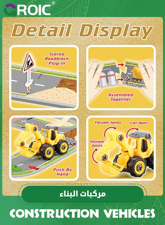 Take Apart Car Toys,DIY Engineering Construction Truck Toy Vehicle,Dump Truck,Excavator, Kids Building Educational Toy with Play Mat Road Signs,Engineering Vehicles Toys Set with Storage Box