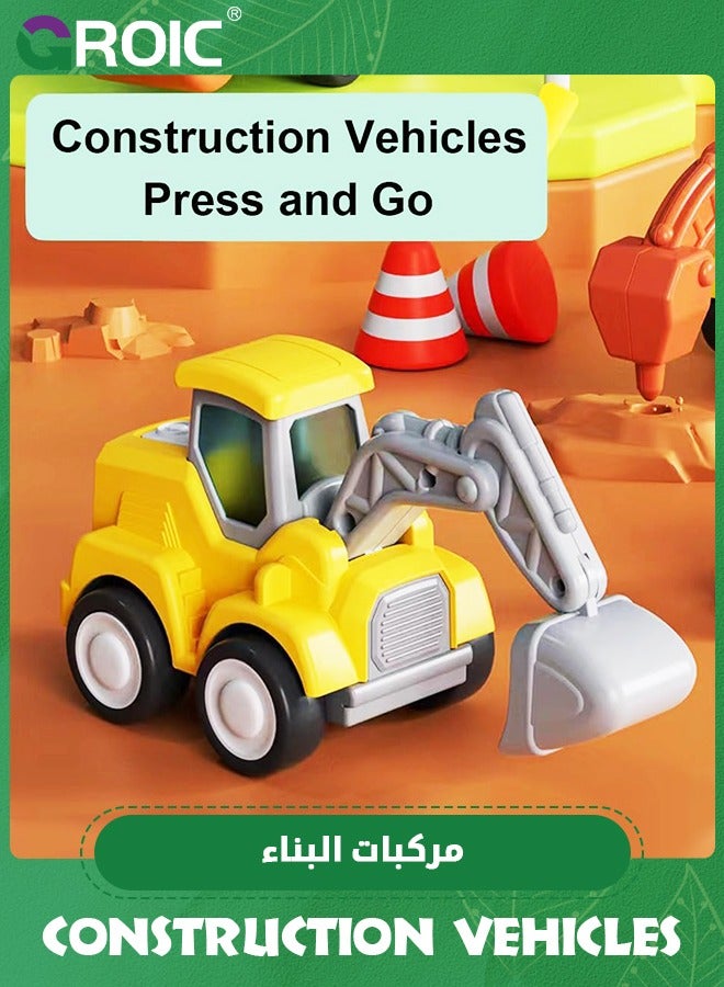 4PCS Construction Vehicles Kids Play Trucks, Press and Go Bulldozer Excavator Drill Truck and Road Roller, Construction Truck Toys