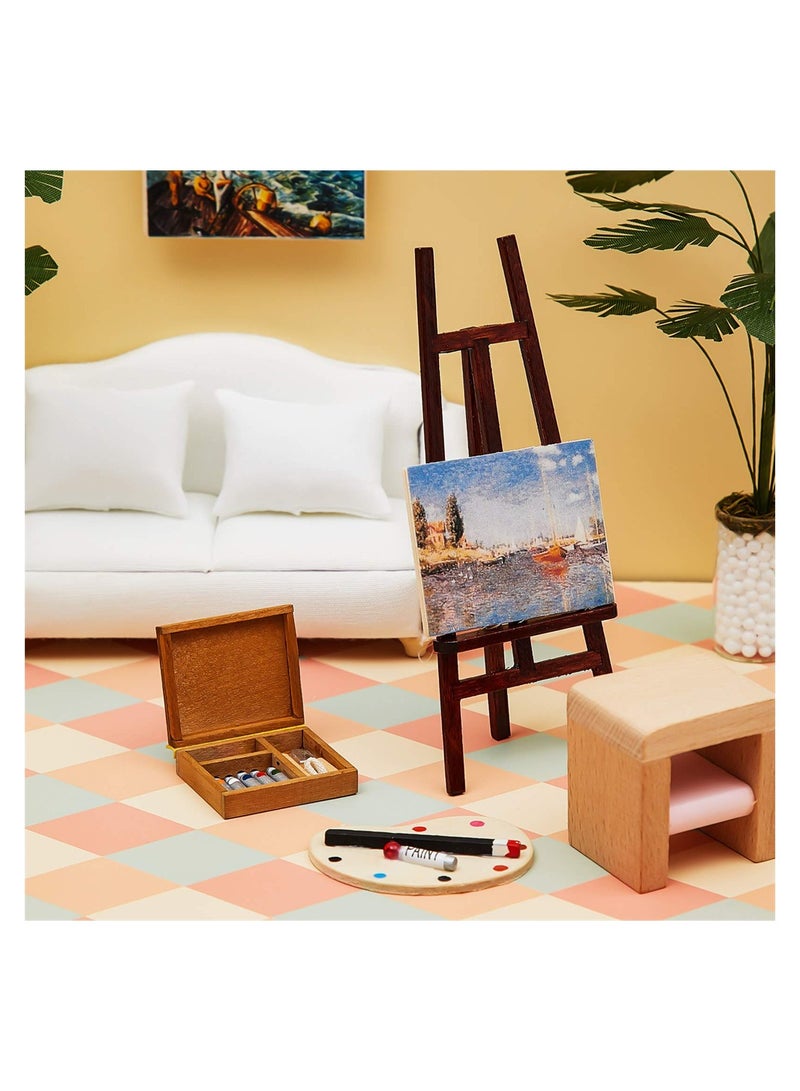 3 Pieces 1:12 Miniature Dollhouse Accessories, Wooden Easel Dollhouse Furniture Decoration Set, Miniature Palette Watercolor Box Easel Miniature Dollhouse Furniture Painting for Dolls