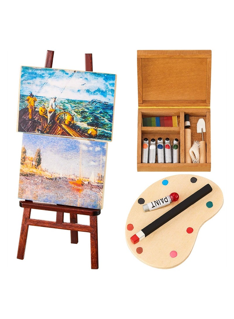 3 Pieces 1:12 Miniature Dollhouse Accessories, Wooden Easel Dollhouse Furniture Decoration Set, Miniature Palette Watercolor Box Easel Miniature Dollhouse Furniture Painting for Dolls
