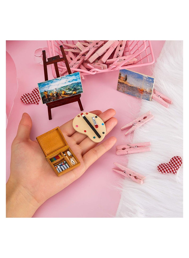 3 Pieces 1:12 Miniature Dollhouse Accessories, Wooden Easel Dollhouse Furniture Decoration Set, Miniature Palette Watercolor Box Easel Miniature Dollhouse Furniture Painting for Dolls