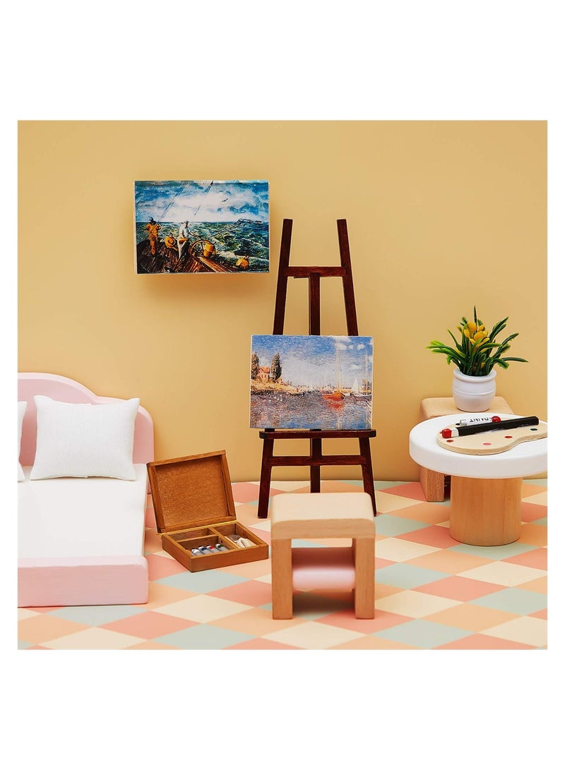3 Pieces 1:12 Miniature Dollhouse Accessories, Wooden Easel Dollhouse Furniture Decoration Set, Miniature Palette Watercolor Box Easel Miniature Dollhouse Furniture Painting for Dolls