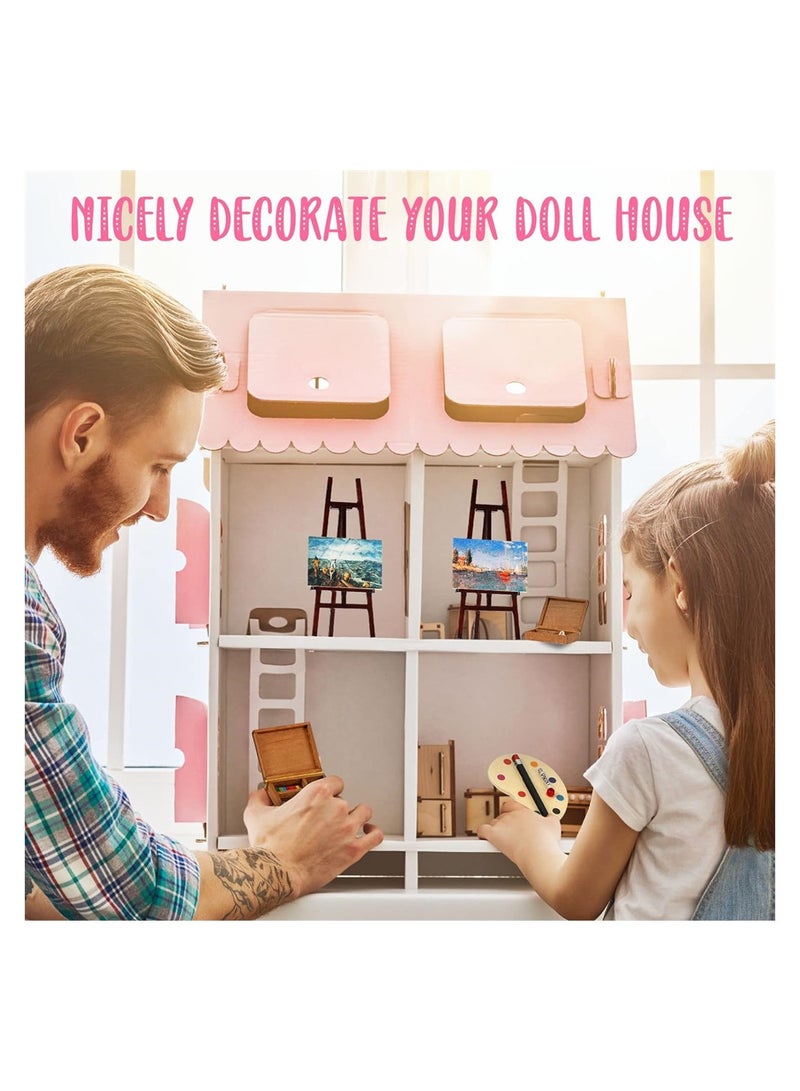 3 Pieces 1:12 Miniature Dollhouse Accessories, Wooden Easel Dollhouse Furniture Decoration Set, Miniature Palette Watercolor Box Easel Miniature Dollhouse Furniture Painting for Dolls