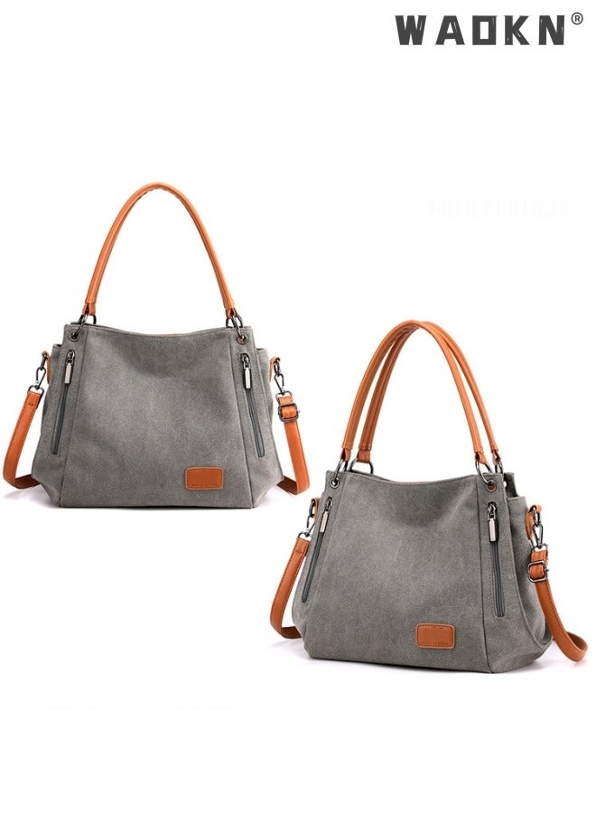 Women's Canvas Vintage Shoulder Bag Daily Purse Large Capacity Shoulder Tote Bag Casual Canvas Handbag Crossbody with Long Strap Multi Pocket for Young Women Teenagers School Shopping Grey/Orange