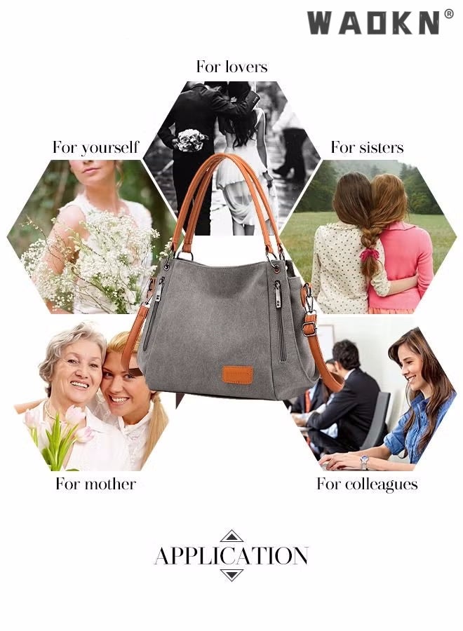 Women's Canvas Vintage Shoulder Bag Daily Purse Large Capacity Shoulder Tote Bag Casual Canvas Handbag Crossbody with Long Strap Multi Pocket for Young Women Teenagers School Shopping Grey/Orange