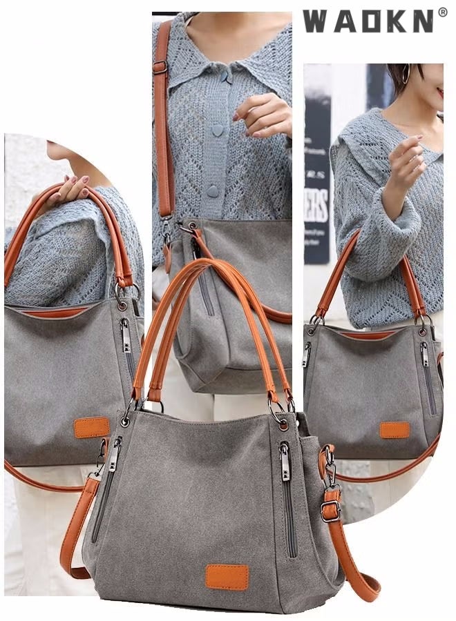 Women's Canvas Vintage Shoulder Bag Daily Purse Large Capacity Shoulder Tote Bag Casual Canvas Handbag Crossbody with Long Strap Multi Pocket for Young Women Teenagers School Shopping Grey/Orange