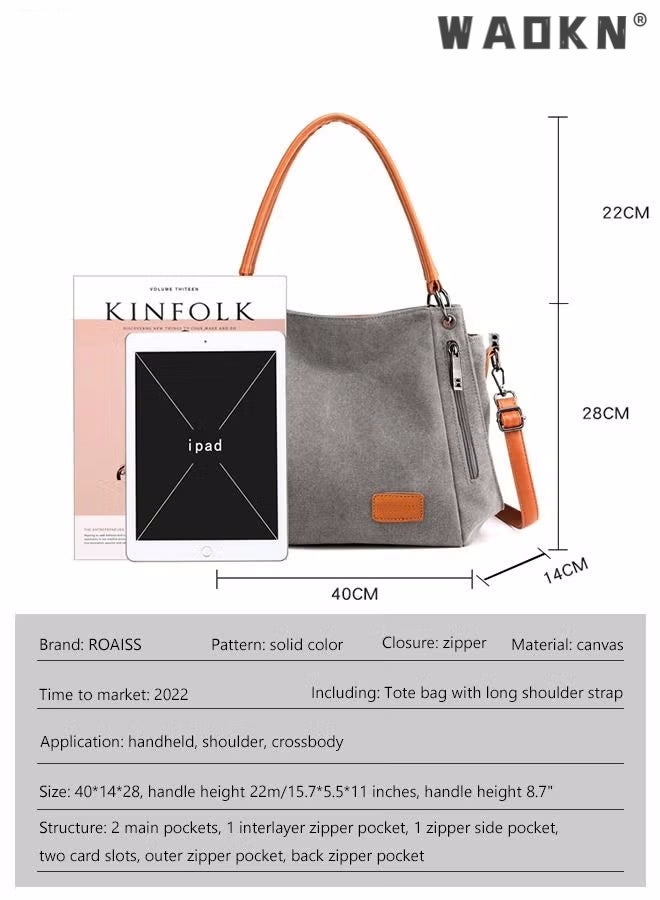 Women's Canvas Vintage Shoulder Bag Daily Purse Large Capacity Shoulder Tote Bag Casual Canvas Handbag Crossbody with Long Strap Multi Pocket for Young Women Teenagers School Shopping Grey/Orange