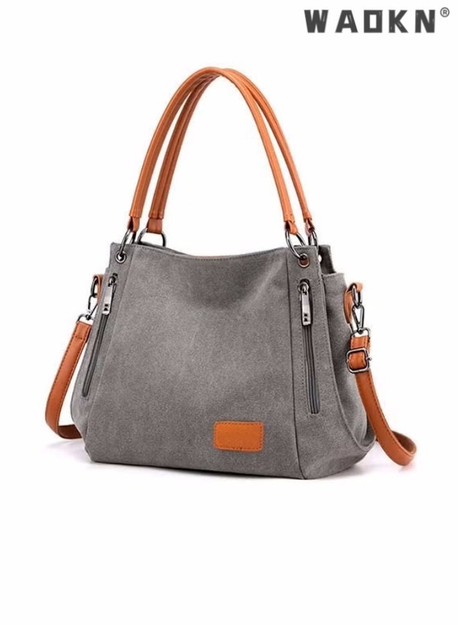 Women's Canvas Vintage Shoulder Bag Daily Purse Large Capacity Shoulder Tote Bag Casual Canvas Handbag Crossbody with Long Strap Multi Pocket for Young Women Teenagers School Shopping Grey/Orange