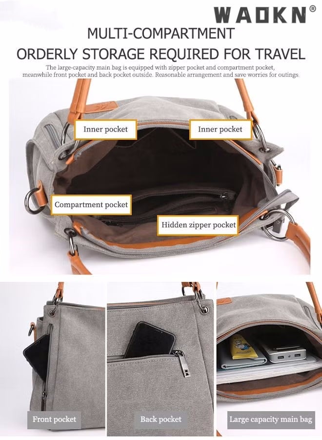 Women's Canvas Vintage Shoulder Bag Daily Purse Large Capacity Shoulder Tote Bag Casual Canvas Handbag Crossbody with Long Strap Multi Pocket for Young Women Teenagers School Shopping Grey/Orange
