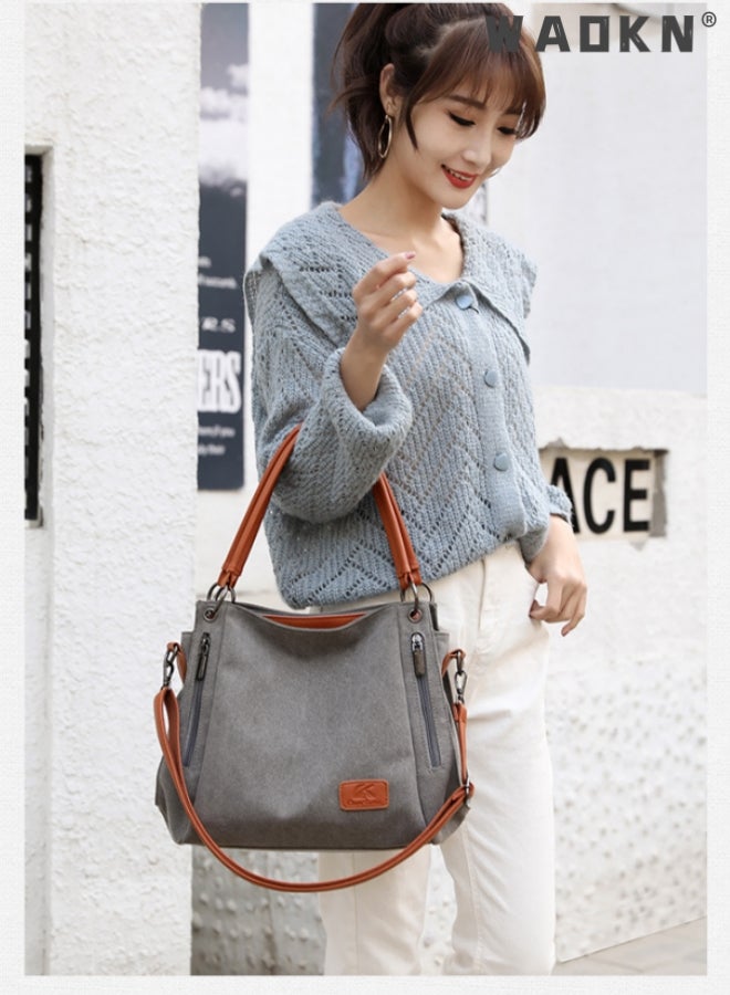 Women's Canvas Vintage Shoulder Bag Daily Purse Large Capacity Shoulder Tote Bag Casual Canvas Handbag Crossbody with Long Strap Multi Pocket for Young Women Teenagers School Shopping Grey/Orange