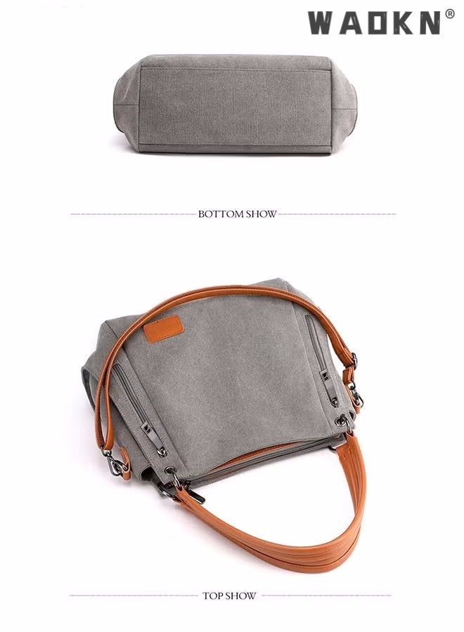 Women's Canvas Vintage Shoulder Bag Daily Purse Large Capacity Shoulder Tote Bag Casual Canvas Handbag Crossbody with Long Strap Multi Pocket for Young Women Teenagers School Shopping Grey/Orange