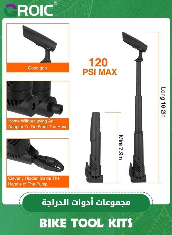 Bicycle Repair Bag & Bicycle Tire Pump, Home Bike Tool Portable Patches Fixes, Inflator, Maintenance for Camping Travel Essentials Tool Bag Bike Repair Tool Kit Safety Emergency All in One Tool