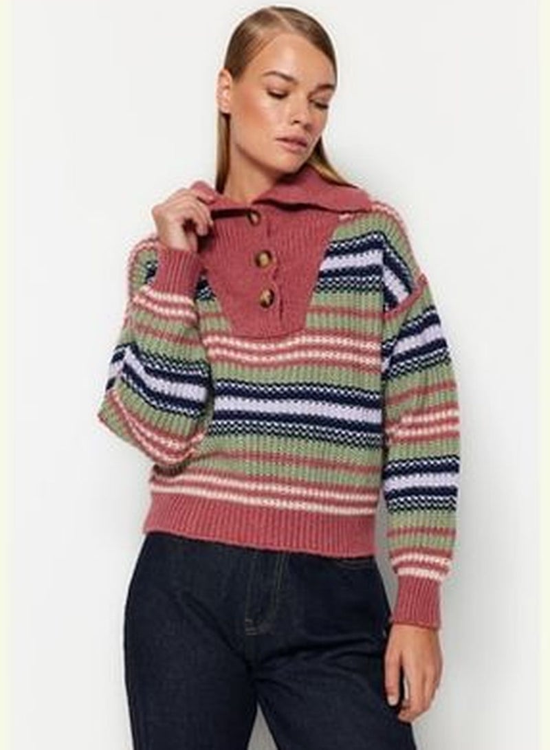 Dried Rose Soft Textured Wide fit Color Block Knitwear Sweater TWOAW24KZ00172.