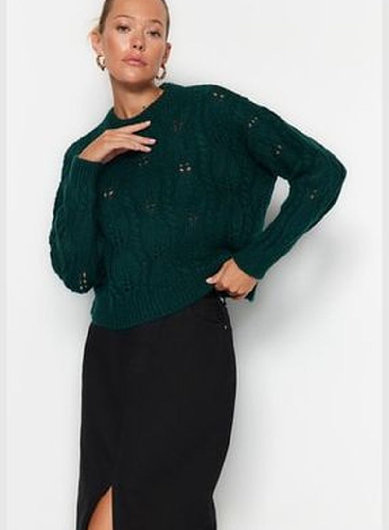 Green, Wide fit Soft Textured Openwork/Perforated Knitwear Sweater TWOAW24KZ00087