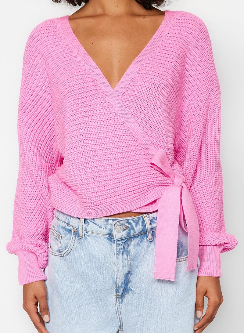 V-Neck Tie Detail Knitted Sweater