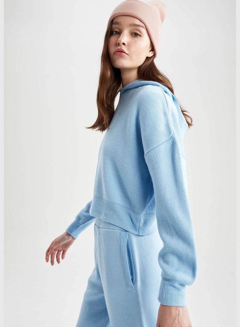 Woman Oversize Fit Hooded Long Sleeve Tricot Pullover
