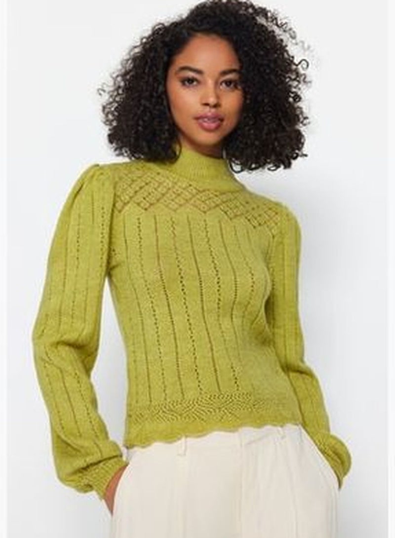 Oil Green Openwork/Perforated Standing Collar Knitwear Sweater TWOAW21KZ0034