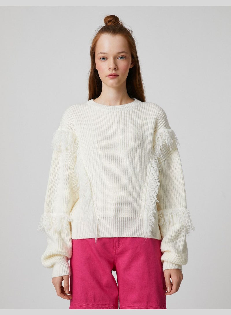 Tassel Detail Long Sleeve Crew Neck Knitted Sweater