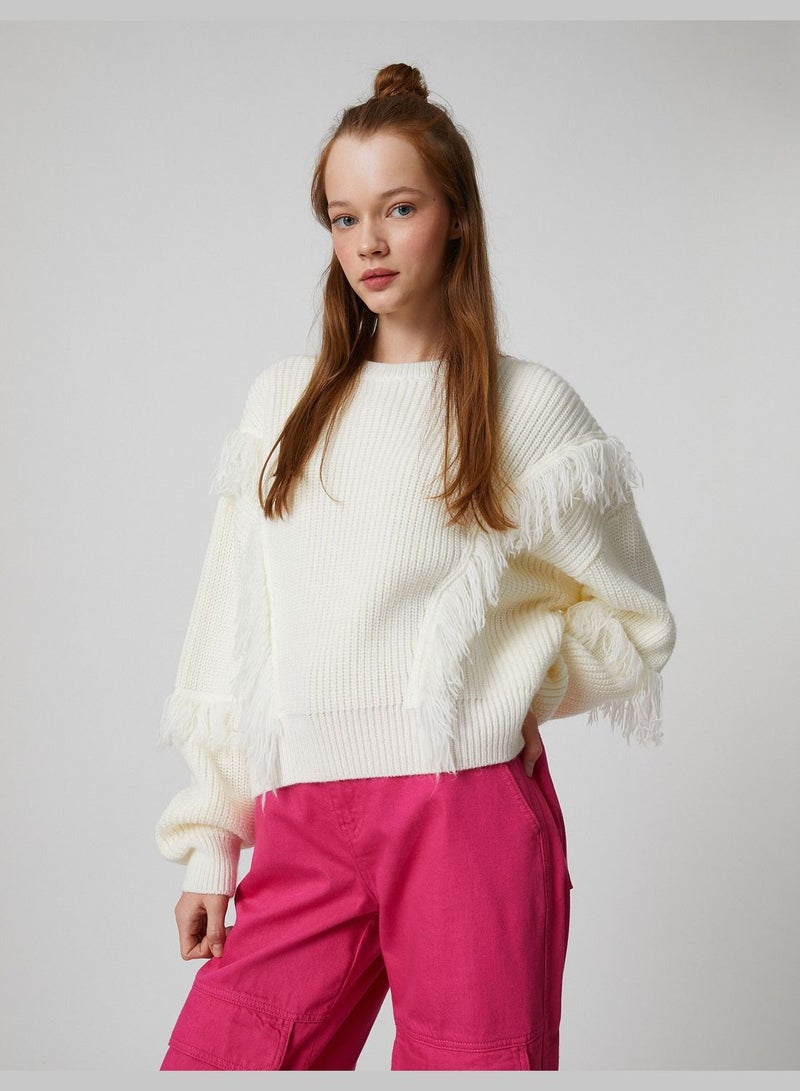 Tassel Detail Long Sleeve Crew Neck Knitted Sweater