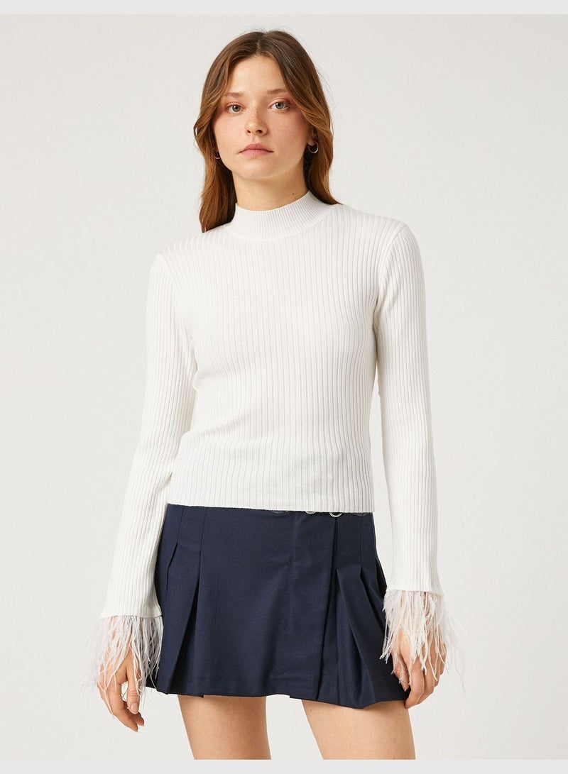 Feather Detail Sleeve Half Turtleneck Sweater