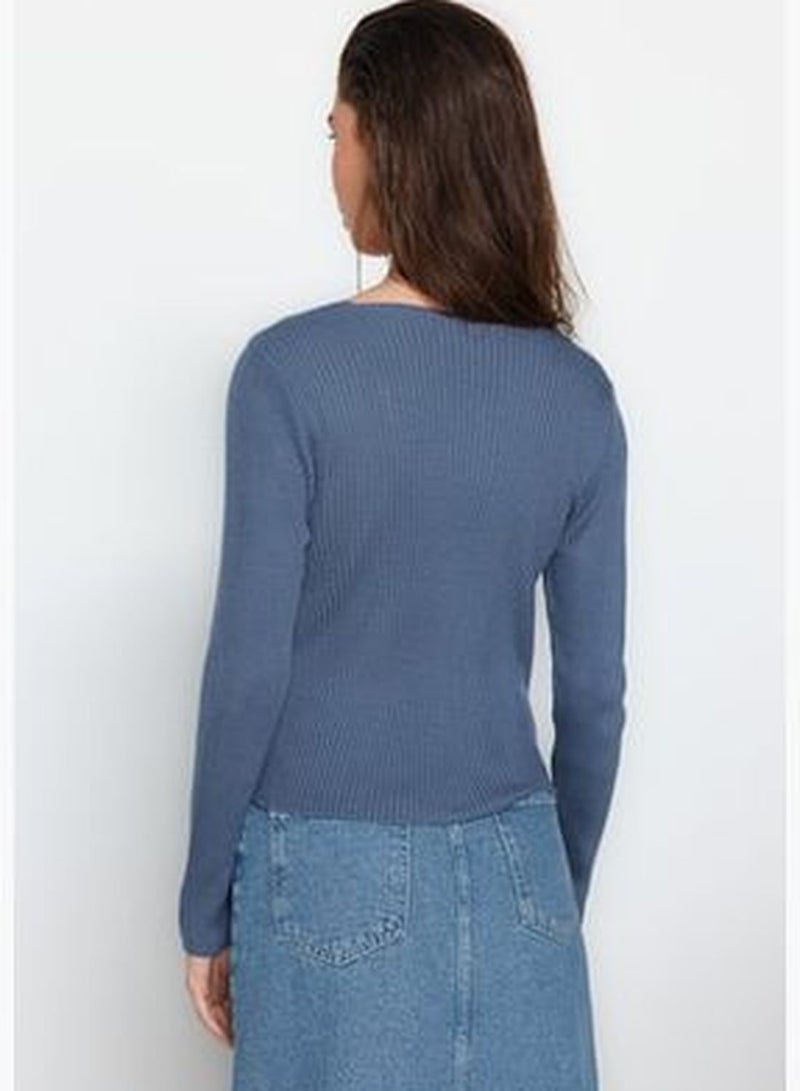 Indigo Crop V-Neck Knitwear Sweater TWOAW24KZ01083